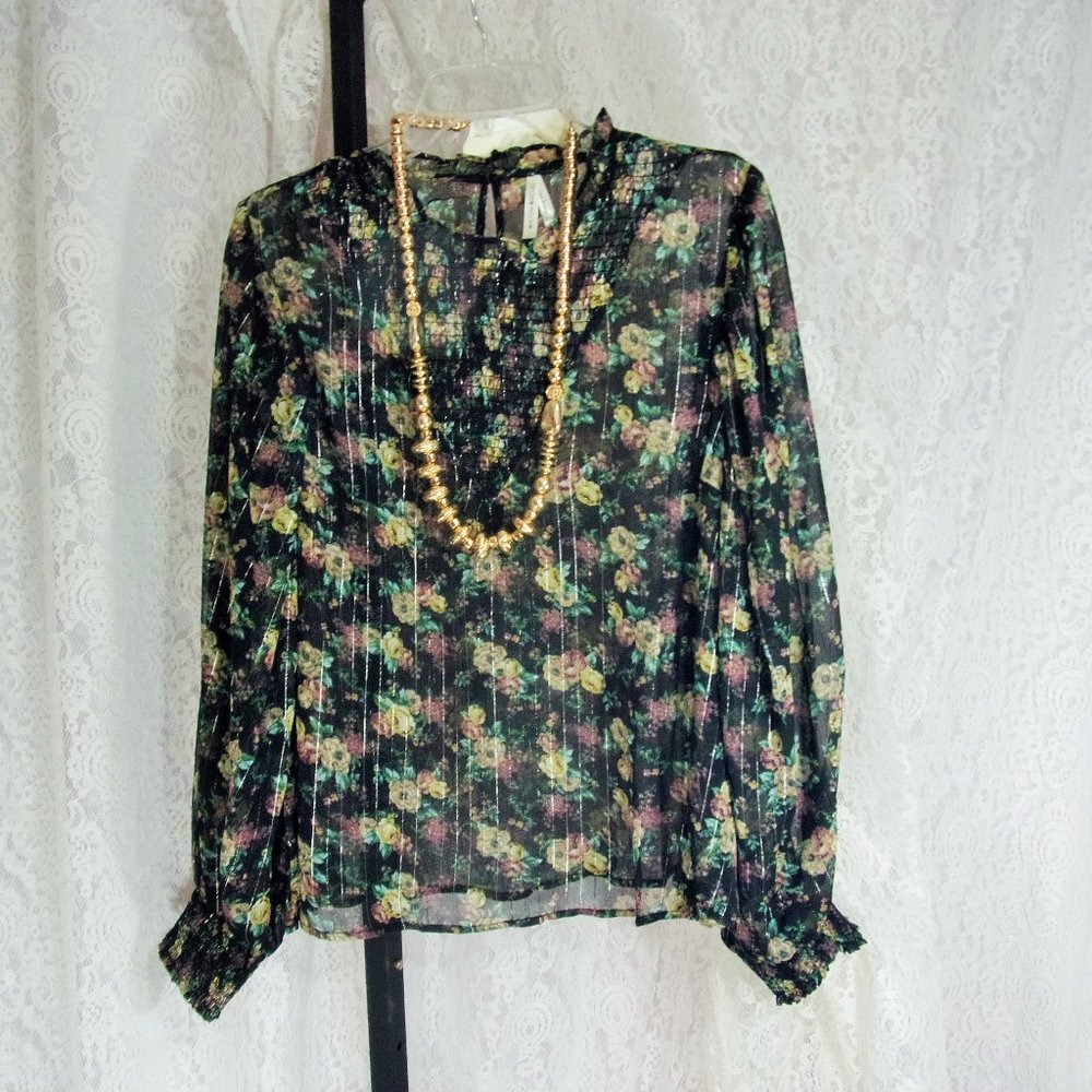 Moon Orchid Black Print Gold Metallic Thread Size L NWT